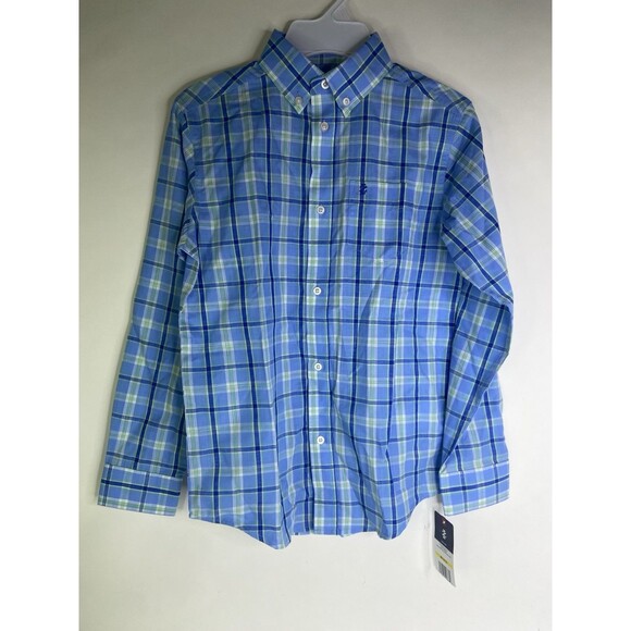 IZOD Boys Size M 10-12 Long Sleeve Button Front Dress Shirt Blue Plaid - Picture 1 of 8